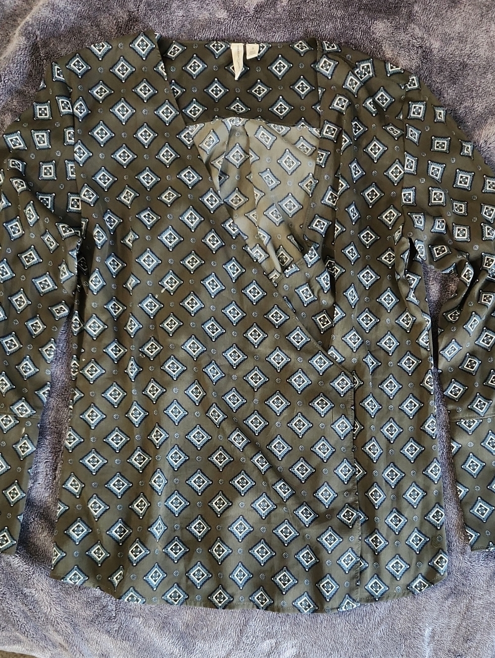 Treasure & Bond Olive Green Blouse with Blue Geometric Motif